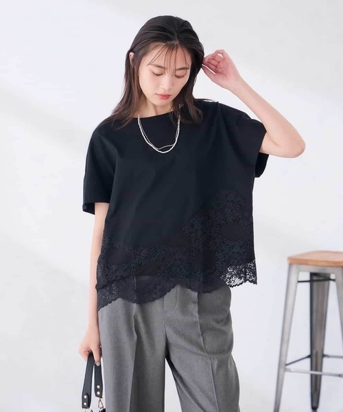 a.v.v（アーヴェヴェ）の「ウェーブレースヘムTシャツ（Tシャツ/カットソー・レディース・ブラウン/ブラック/ホワイト・39）」の12枚目の写真