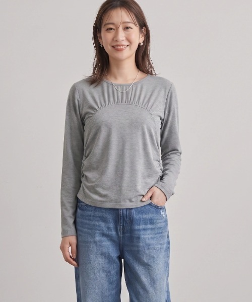 Nunc.（ヌンク）の「裏起毛ギャザー切替プルオーバー（Tシャツ/カットソー・レディース・チャコールグレー/杢グレー/ブラック/オフホワイト・FREE）」の4枚目の写真