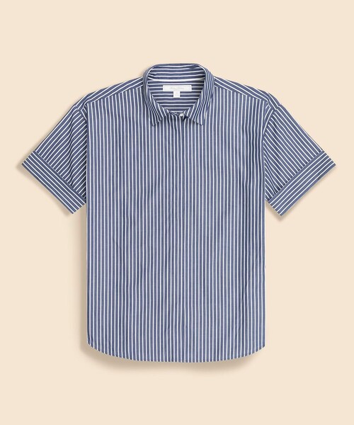 BROOKS BROTHERS(ブルックスブラザーズ)の「コットン ドロップショルダー ストライプ ショートスリーブシャツ Classic Fit(シャツ/ブラウス・レディース・ホワイト×ネイビー・SMALL/X-SMALL)」の1枚目の写真