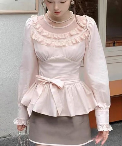 AsheKsha(アシクシャ)の「レースフリルリボンウエストマークフレアヘムトップス(シャツ/ブラウス・レディース・ピンク・M/S)」の6枚目の写真