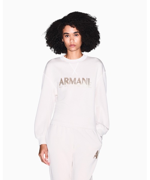 ARMANI EXCHANGE(アルマーニエクスチェンジ)の「【A|X アルマーニ エクスチェンジ】スパンコールロゴ クルーネックスウェットプルオーバー(スウェット・レディース・ブラック/ホワイト・LARGE/MEDIUM/SMALL/X-LARGE/X-SMALL)」の1枚目の写真