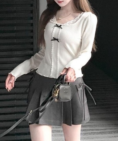 Beststore（ベストストア）の「レース切り替え ダブルリボン リブカットソー 長袖 レディース トップス フレンチガーリー（Tシャツ/カットソー・レディース・ホワイト・FREE）」の17枚目の写真