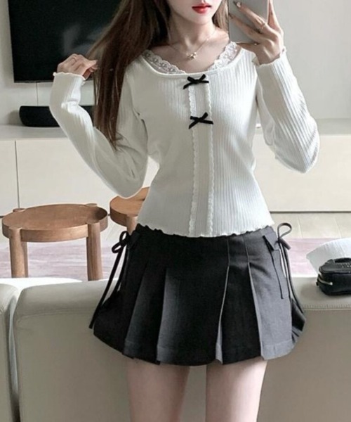Beststore（ベストストア）の「レース切り替え ダブルリボン リブカットソー 長袖 レディース トップス フレンチガーリー（Tシャツ/カットソー・レディース・ホワイト・FREE）」の3枚目の写真