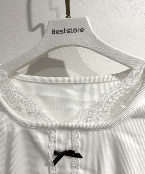 Beststore（ベストストア）の「レース切り替え ダブルリボン リブカットソー 長袖 レディース トップス フレンチガーリー（Tシャツ/カットソー・レディース・ホワイト・FREE）」の13枚目の写真