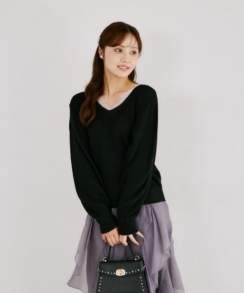 tocco closet(トッコ クローゼット)の「ネックレース畦ニットプルオーバー(ニット/セーター・レディース・ブルーグレー/ピンク系その他/ブラック・M)」の6枚目の写真