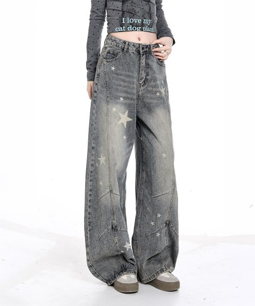 Miniministore(ミニミニストア)の「星柄デニムバギーパンツカーブジーンズ(デニムパンツ・レディース・サックスブルー/ブラック・L/M/S)」の3枚目の写真