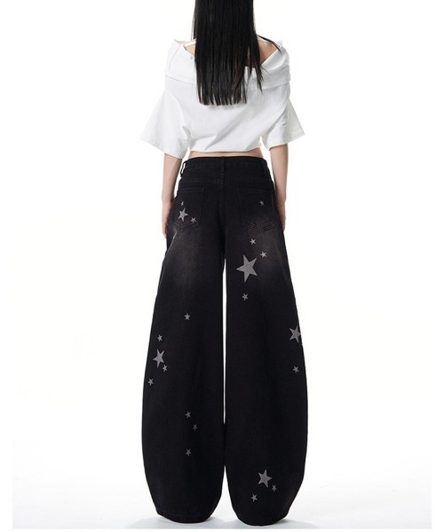 Miniministore(ミニミニストア)の「星柄デニムバギーパンツカーブジーンズ(デニムパンツ・レディース・サックスブルー/ブラック・L/M/S)」の11枚目の写真