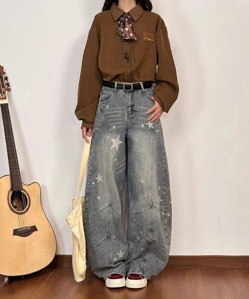 Miniministore(ミニミニストア)の「星柄デニムバギーパンツカーブジーンズ(デニムパンツ・レディース・サックスブルー/ブラック・L/M/S)」の12枚目の写真