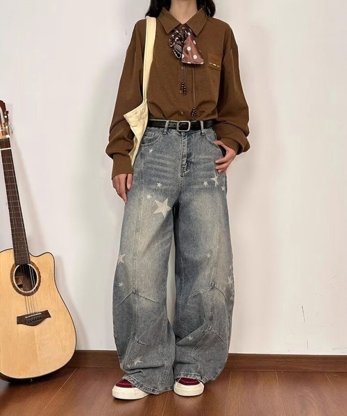 Miniministore(ミニミニストア)の「星柄デニムバギーパンツカーブジーンズ(デニムパンツ・レディース・サックスブルー/ブラック・L/M/S)」の13枚目の写真
