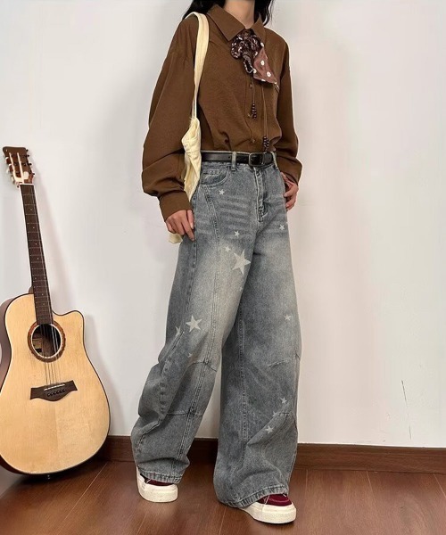 Miniministore(ミニミニストア)の「星柄デニムバギーパンツカーブジーンズ(デニムパンツ・レディース・サックスブルー/ブラック・L/M/S)」の14枚目の写真
