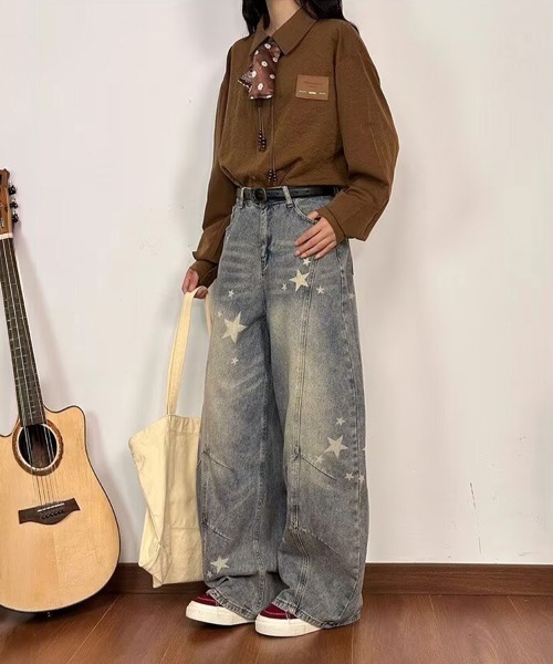 Miniministore(ミニミニストア)の「星柄デニムバギーパンツカーブジーンズ(デニムパンツ・レディース・サックスブルー/ブラック・L/M/S)」の15枚目の写真