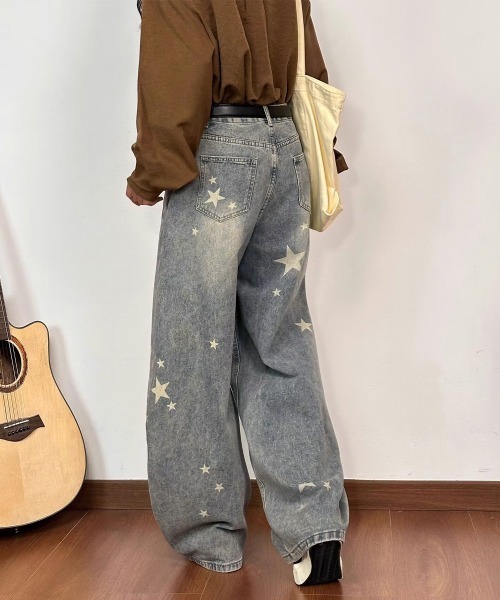 Miniministore(ミニミニストア)の「星柄デニムバギーパンツカーブジーンズ(デニムパンツ・レディース・サックスブルー/ブラック・L/M/S)」の16枚目の写真