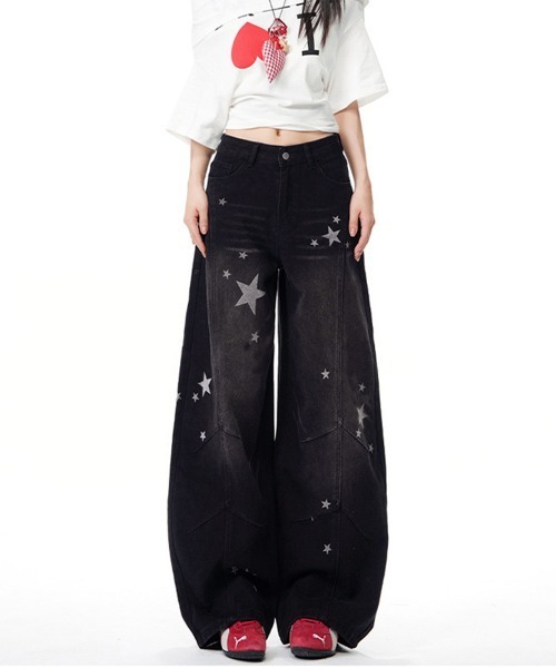 Miniministore(ミニミニストア)の「星柄デニムバギーパンツカーブジーンズ(デニムパンツ・レディース・サックスブルー/ブラック・L/M/S)」の17枚目の写真
