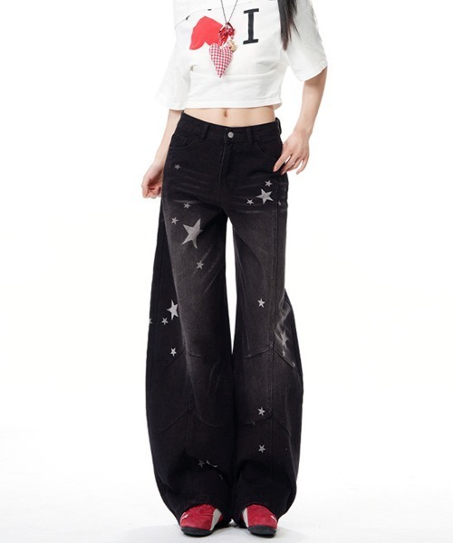 Miniministore(ミニミニストア)の「星柄デニムバギーパンツカーブジーンズ(デニムパンツ・レディース・サックスブルー/ブラック・L/M/S)」の19枚目の写真