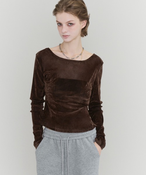 Rohwel(ローウェル)の「Velour Long Sleeve Top / ベロアロングスリーブトップス(Tシャツ/カットソー・レディース・ライトグレー/ブラック/ブラウン・FREE)」の1枚目の写真