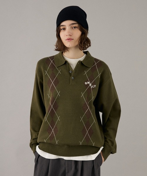 ONCILY(オンシェリー)の「ARGYLE COLLAR KNIT POLO / アーガイルカラーニットポロ(ニット/セーター・メンズ・ベージュ/カーキ/ネイビー/ボルドー・SMALL/MEDIUM/LARGE)」の1枚目の写真