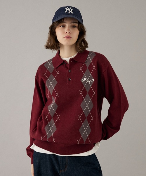 ONCILY(オンシェリー)の「ARGYLE COLLAR KNIT POLO / アーガイルカラーニットポロ(ニット/セーター・メンズ・ベージュ/カーキ/ネイビー/ボルドー・SMALL/MEDIUM/LARGE)」の4枚目の写真
