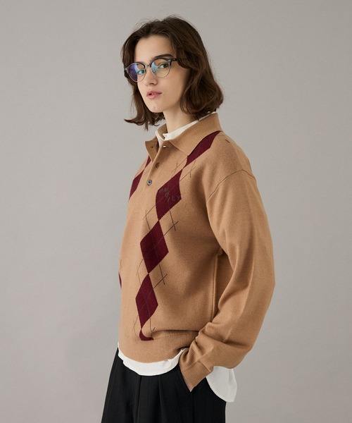 ONCILY(オンシェリー)の「ARGYLE COLLAR KNIT POLO / アーガイルカラーニットポロ(ニット/セーター・メンズ・ベージュ/カーキ/ネイビー/ボルドー・SMALL/MEDIUM/LARGE)」の15枚目の写真