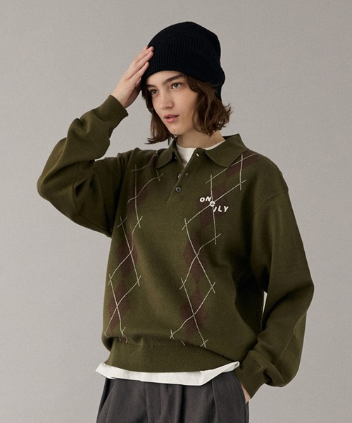ONCILY(オンシェリー)の「ARGYLE COLLAR KNIT POLO / アーガイルカラーニットポロ(ニット/セーター・メンズ・ベージュ/カーキ/ネイビー/ボルドー・SMALL/MEDIUM/LARGE)」の18枚目の写真