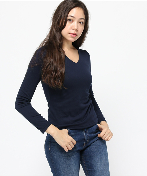 KOBE LETTUCE（コウベレタス）の「ストレッチロングTシャツ（Tシャツ/カットソー・レディース・ブルー系その他/ネイビー/ブラック/カーキ/ホワイト系その他/テラコッタ/オフホワイト/ブラック系その他/グレー/チャコールグレー/グレイッシュベージュ/ボルドー/マスタード・ONE SIZE/LARGE/MEDIUM）」の10枚目の写真