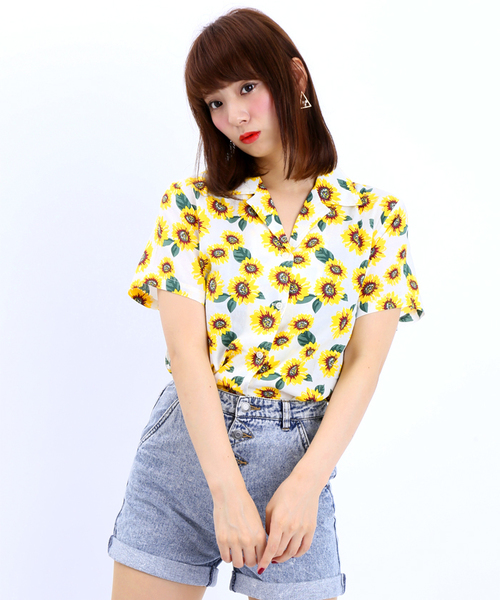 WEGO（ウィゴー）の「WEGO/ヒマワリ柄半袖シャツ（シャツ/ブラウス・レディース・オフホワイト/ブラック・FREE）」の11枚目の写真