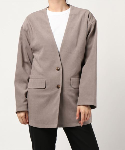 RAG MACHINE（ラグマシーン）の「【RAG MACHINE】セットアップノーカラージャケット（ノーカラージャケット・レディース・ベージュ/ブラウン/オフホワイト・M/L）」の3枚目の写真