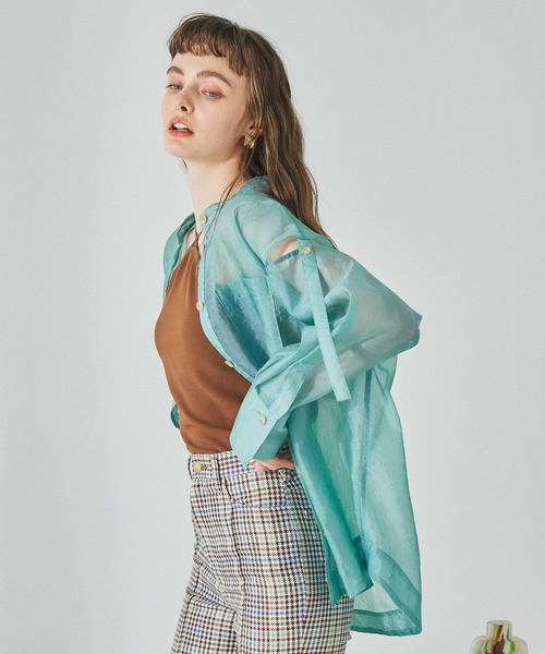 PUBLIC TOKYO（パブリックトウキョウ）の「バンドカラーシアーブラウス（シャツ/ブラウス・レディース・ベージュ/ミント/サックスブルー・FREE）」の8枚目の写真