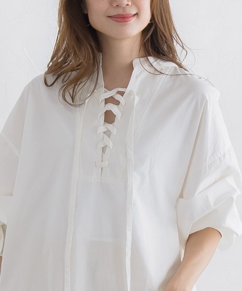 Pierrot（ピエロ）の「2wayレースアップシャツワンピース（シャツワンピース・レディース・ベージュ/ミント/オフホワイト・M）」の22枚目の写真