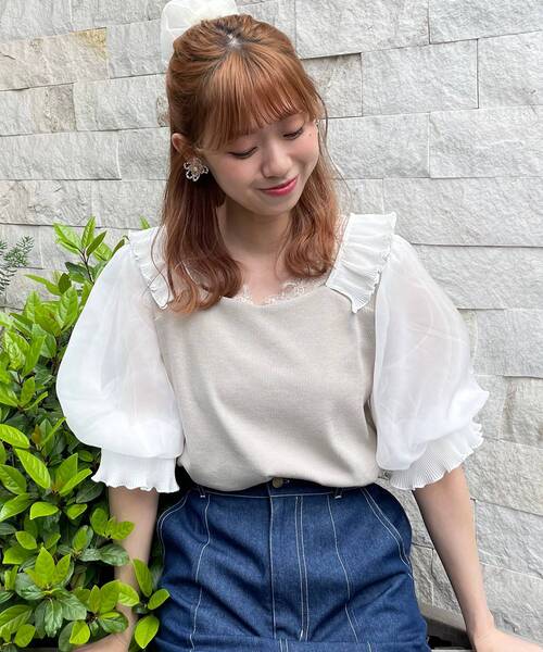 MAJESTIC LEGON（マジェスティックレゴン）の「☆ガーリースリーブ半袖トップス（Tシャツ/カットソー・レディース・ブラック/オフホワイト/グレイッシュベージュ・SMALL/MEDIUM）」の3枚目の写真