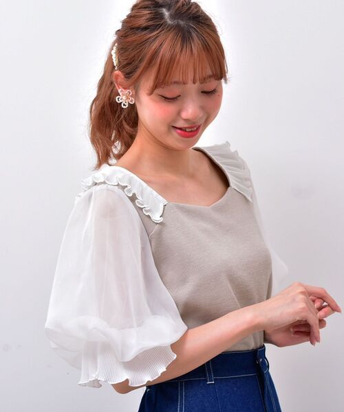 MAJESTIC LEGON（マジェスティックレゴン）の「☆ガーリースリーブ半袖トップス（Tシャツ/カットソー・レディース・ブラック/オフホワイト/グレイッシュベージュ・SMALL/MEDIUM）」の20枚目の写真