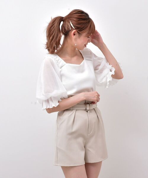 MAJESTIC LEGON（マジェスティックレゴン）の「☆ガーリースリーブ半袖トップス（Tシャツ/カットソー・レディース・ブラック/オフホワイト/グレイッシュベージュ・SMALL/MEDIUM）」の17枚目の写真