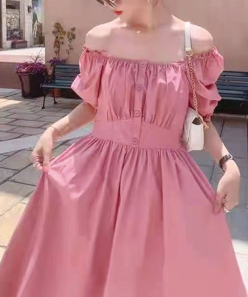 SPIGA（スピーガ）の「肩ギャザー釦半袖ミモレ丈ワンピース（ワンピース・レディース・ホワイト/ブラック/ピンク・FREE）」の13枚目の写真