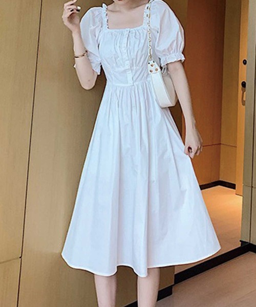 SPIGA（スピーガ）の「肩ギャザー釦半袖ミモレ丈ワンピース（ワンピース・レディース・ホワイト/ブラック/ピンク・FREE）」の14枚目の写真