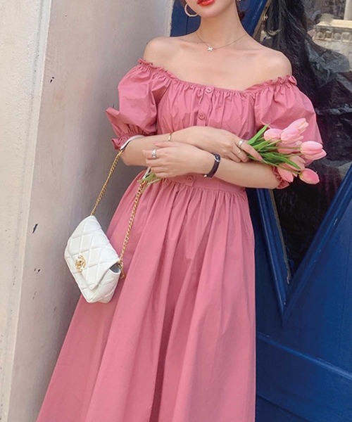 SPIGA（スピーガ）の「肩ギャザー釦半袖ミモレ丈ワンピース（ワンピース・レディース・ホワイト/ブラック/ピンク・FREE）」の20枚目の写真