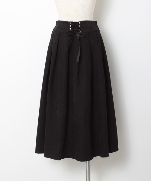 Grandeir（グランディール）の「レースアップリボン ピーチスキン フレアスカート（スカート・レディース・モカ/ブラック/ピンク・M）」の4枚目の写真