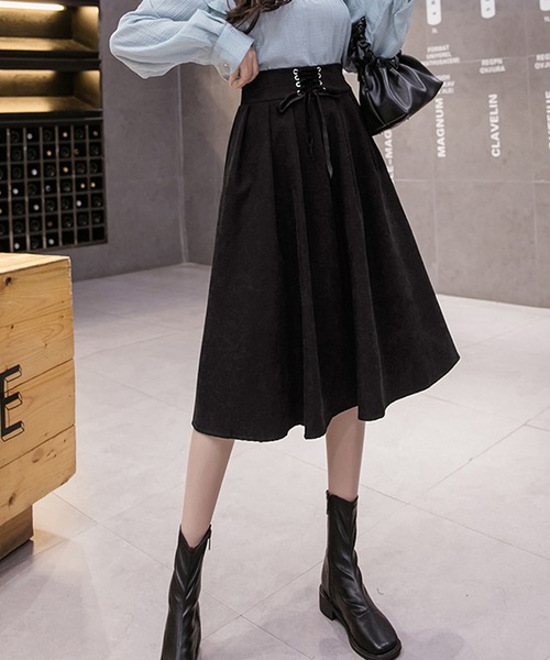 Grandeir（グランディール）の「レースアップリボン ピーチスキン フレアスカート（スカート・レディース・モカ/ブラック/ピンク・M）」の10枚目の写真