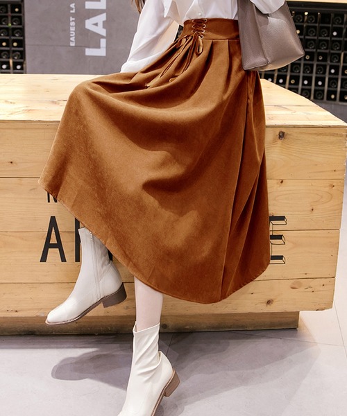 Grandeir（グランディール）の「レースアップリボン ピーチスキン フレアスカート（スカート・レディース・モカ/ブラック/ピンク・M）」の5枚目の写真