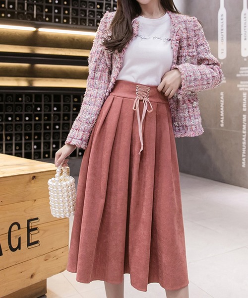 Grandeir（グランディール）の「レースアップリボン ピーチスキン フレアスカート（スカート・レディース・モカ/ブラック/ピンク・M）」の7枚目の写真