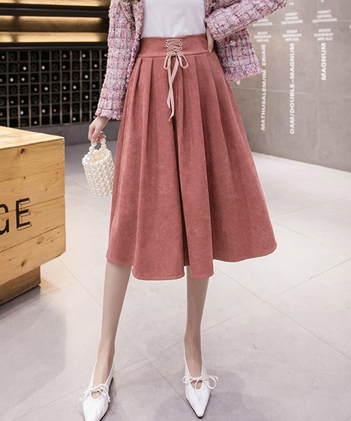 Grandeir（グランディール）の「レースアップリボン ピーチスキン フレアスカート（スカート・レディース・モカ/ブラック/ピンク・M）」の17枚目の写真