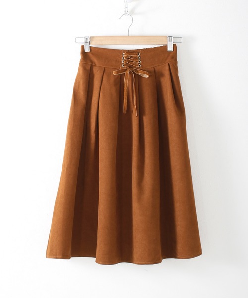 Grandeir（グランディール）の「レースアップリボン ピーチスキン フレアスカート（スカート・レディース・モカ/ブラック/ピンク・M）」の14枚目の写真