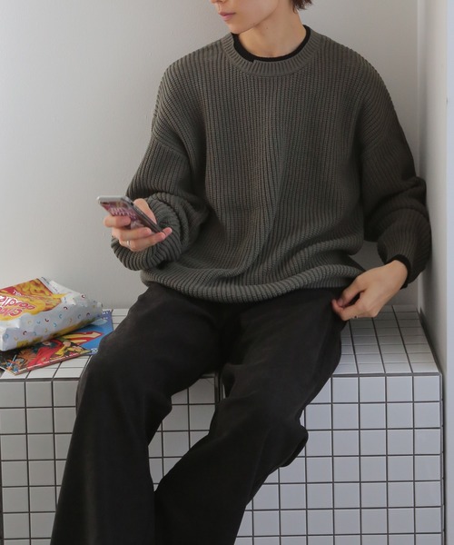 TUTTU（トゥトゥ）の「リブ配色 片畦 ニット プルオーバー（ニット/セーター・メンズ・ブラウン/グリーン・M/L）」の2枚目の写真