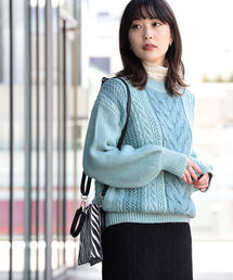 Ray BEAMS | Ray BEAMS / ケーブル キリカエ クルーネック ニット(ニット/セーター)