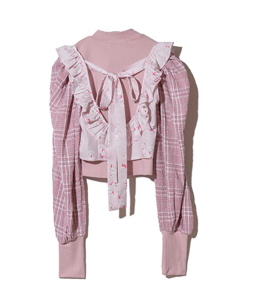 lissi Boutique（リージーブティック）の「【lissi Boutique】袖チェックプチハイニット×ビスチェアンサンブル（Tシャツ/カットソー・レディース・ピンク・FREE）」の5枚目の写真