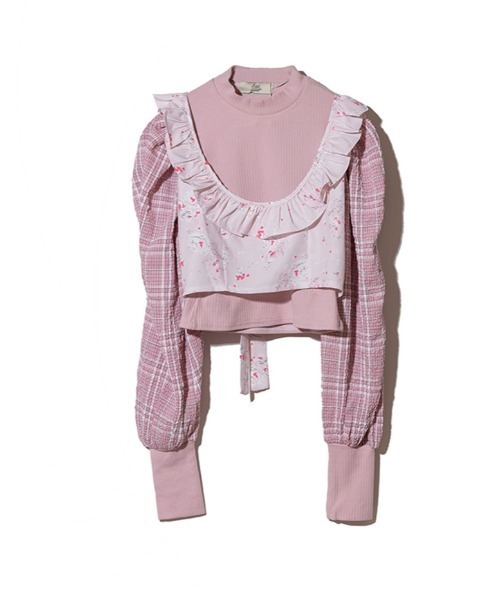 lissi Boutique（リージーブティック）の「【lissi Boutique】袖チェックプチハイニット×ビスチェアンサンブル（Tシャツ/カットソー・レディース・ピンク・FREE）」の4枚目の写真