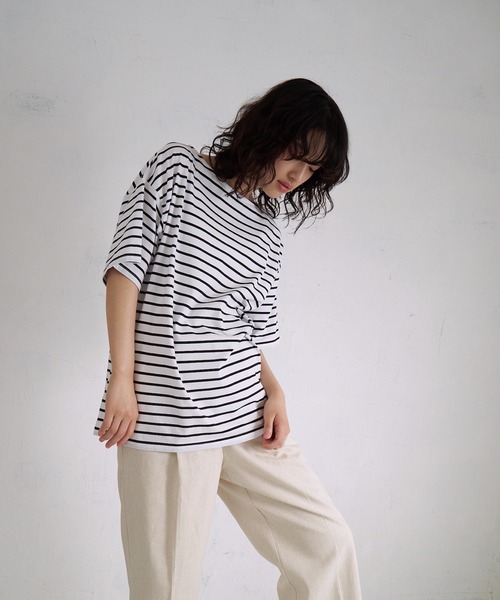 4youstory(フォーユーストーリー)の「【4youstory】ボーダーボートネックTシャツ(Tシャツ/カットソー・レディース・ブラック/レッド/ブルー/グリーン・FREE)」の10枚目の写真