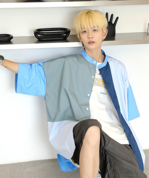 【セール】【neos -addictive design-】ビッグシルエット パネル 切替 配色 バンドカラー ハーフスリーブ シャツ(シャツ/ブラウス)|neos(ネオス)
