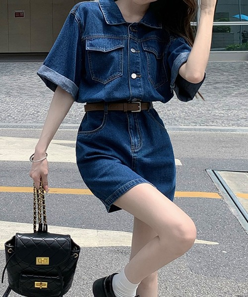 DAY CLOSET（デイ クローゼット）の「レディース 半袖ロールアップデニムミニワンピース（ワンピース・レディース・ネイビー/ブルー/オフホワイト/ライトカーキ/ベージュ・S/M/L）」の14枚目の写真