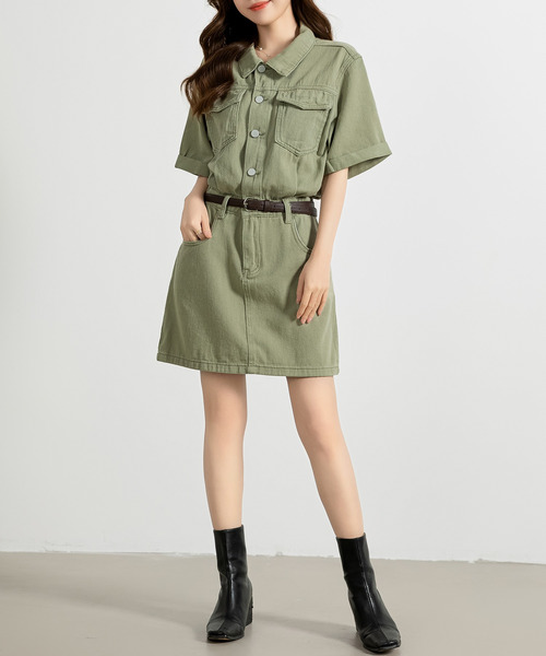 セール】レディース 半袖ロールアップデニムミニワンピース