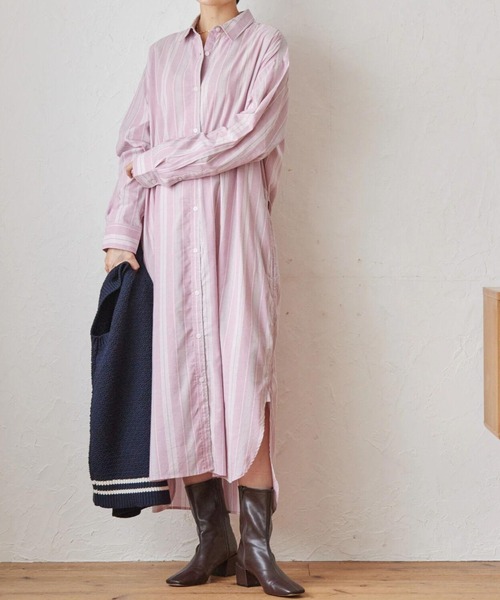 AMERICAN HOLIC（アメリカンホリック）の「ウエストリボンシャツワンピース（シャツワンピース・レディース・アイボリー/ピンク系その他/ホワイト系その他6/ブラウン・M/L）」の4枚目の写真