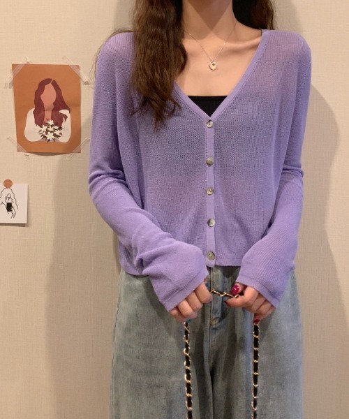 yuue' ( wear )（ユーイ）の「シンプルカーディガンニット（ニット/セーター・レディース・ホワイト/ブラック/パープル/グリーン/ライトイエロー・FREE）」の4枚目の写真